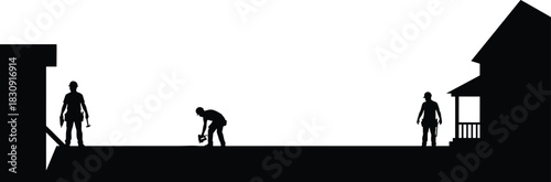 Silhouette construction workers at residential site performing tasks near house foundation, porch, and tools in teamwork scene during daylight.