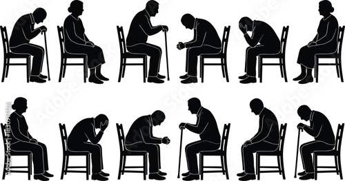 Sad elderly people sitting in silhouette, emotional senior figures with cane, loneliness, depression, aging, mental health, elder care concept