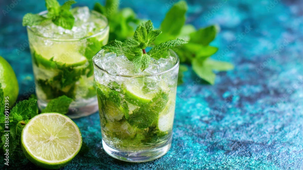 Fototapeta premium Refreshing mojito drinks with lime and mint on a vibrant blue surface