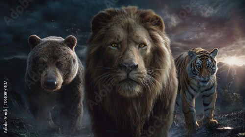 Powerful Trio of Bear, Lion, and Tiger Standing Together in a Dramatic and Mystical Wilderness Landscape
