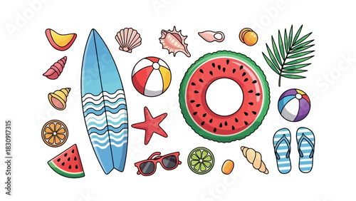 Summer Beach Vacation Collection of Tropical Items and Accessories for Recreation and Fun