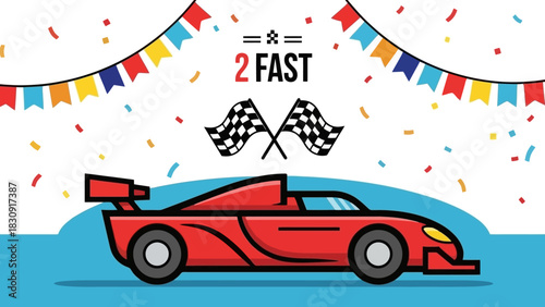 Vibrant vector illustration celebrating high-speed racing achievements with a dynamic sports car, festive confetti, and triumphant checkered flags, perfect for competition and victory themes