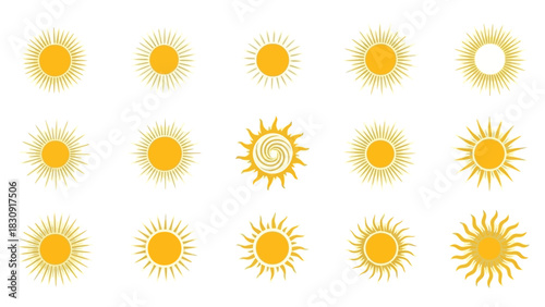 Collection of stylized sun icons in various designs and shapes, representing warmth, light, and energy