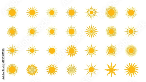 Collection of stylized sun icons and illustrations, representing different styles of celestial bodies and light sources, perfect for graphic design and web use