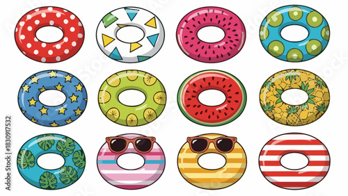 A vibrant collection of inflatable swim rings featuring diverse summer patterns like fruit slices, stripes, and cool sunglasses designs, perfect for pool parties and beach holidays