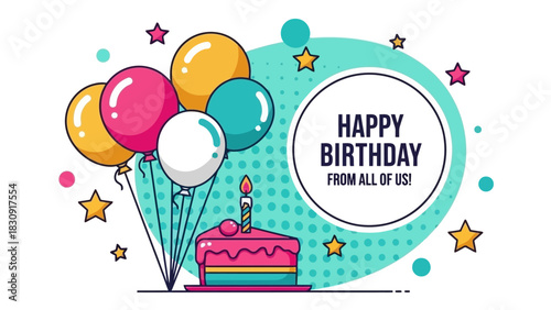 Joyful birthday celebration greeting card design concept with a sweet cake, helium balloons, and sparkling stars on a decorative background
