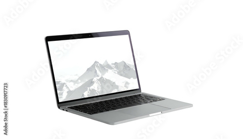 Silver laptop displaying snowy mountain scene against a black backdrop