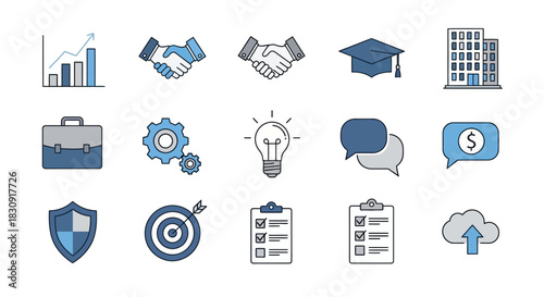 Collection of business and finance icons in blue and gray.