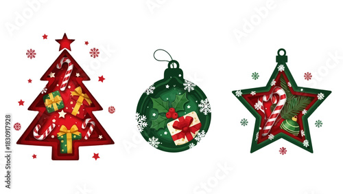 A festive collection of three Christmas ornaments shaped like a tree, star, and bauble, filled with holiday gifts and sweets