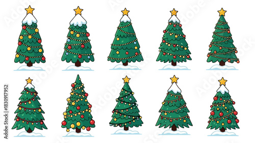 Collection of ten decorated Christmas trees with snow and lights, perfect for festive designs and holiday celebrations