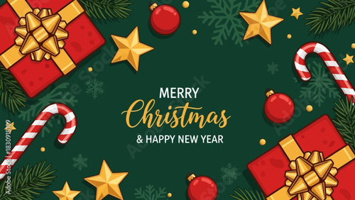 Festive Christmas and New Year Card with Presents, Ornaments, and Holiday Cheer