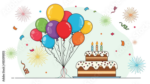Vibrant Birthday Celebration Balloons, Cake, and Fireworks in a Festive Illustration