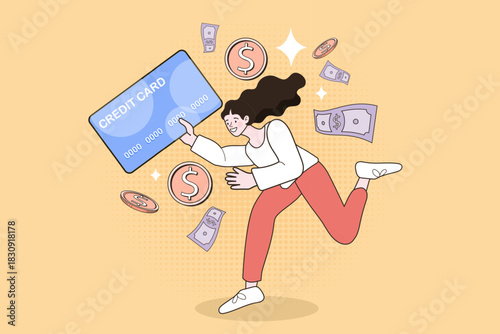 Happy woman running holding big credit card with flying money and coins. Concept of shopping spree, cashback rewards and fast consumer loan. Vector illustration of financial spending and banking.