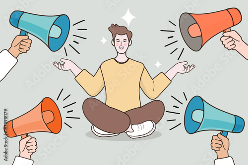 Calm man meditating surrounded by loud megaphones. Concept of ignoring noise, information overload and staying focused. Vector illustration of peace amidst chaos and marketing target.