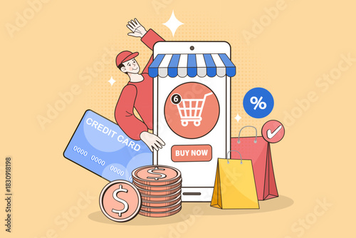 Delivery man wearing red cap waving hand behind giant smartphone shop. Online ecommerce store concept with credit card and coins. Male shopkeeper presenting mobile shopping application.