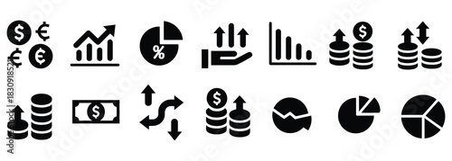 Visualize financial growth and success with these dynamic business icons illustrating investment strategies, market trends, and economic data analysis for your presentations and reports