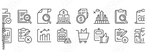 Streamline your business with modern accounting and finance icons for websites and presentations, showing growth charts, document analysis, and financial reports for smart decision making