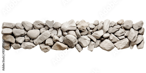 Long rustic stone wall border of pale rocks, stone wall made from rounded stones for garden design and zen decor, stone wall background for spa banner, eco relaxation theme concept
