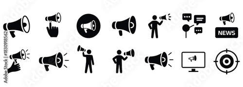 Amplify your message with these bold megaphone icons perfect for marketing materials, social media promotion, news alerts, and announcements designed to grab attention and drive engagement