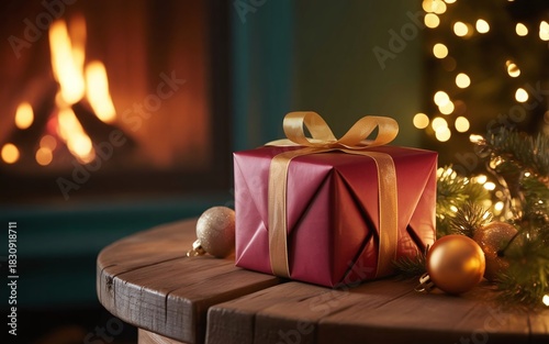 Cozy Fireplace Glow Reflected on gift box