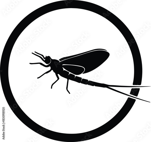 Illustration mayfly insect inside circle minimal black and white silhouette vector