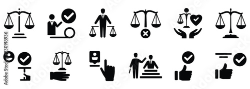 Justice and Legal Approval Icons for Business and Compliance, Offering Scales, Checkmarks and Hand Gestures for Legal Solutions, Ethics and Regulations for Your Professional Projects