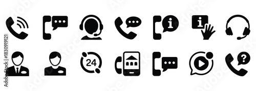 Professional collection of vector icons for customer support, helpdesk, and contact us pages offering instant access to valuable information and 24 hour assistance