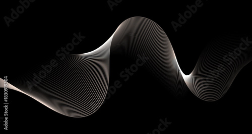 Abstract flowing wave lines on black background for AI, innovation, data science, cybersecurity, and modern tech themes.