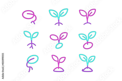 Sequential stages of plant growth icons from seed germination to young sprout development