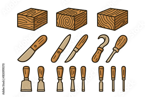 Collection of wood carving tools including various knives, chisels, and wooden blocks