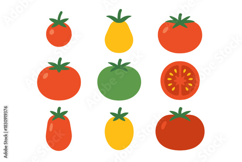 Collection of various tomato types and colors including red, yellow, and green vegetables