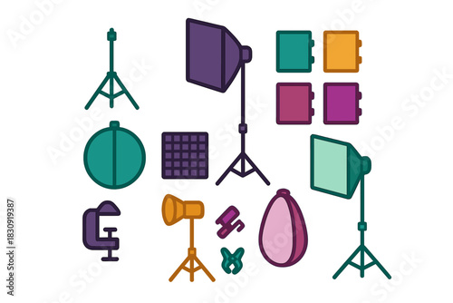 Professional photography studio equipment including softboxes reflectors and stands