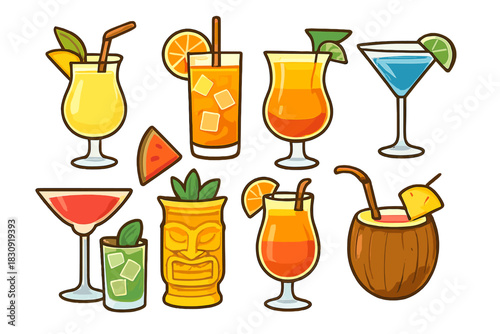 Collection of refreshing alcoholic and non-alcoholic summer drinks and tropical cocktails