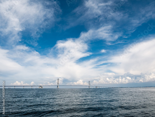 Great Belt Bridge from the water while approaching by boat, Denmark