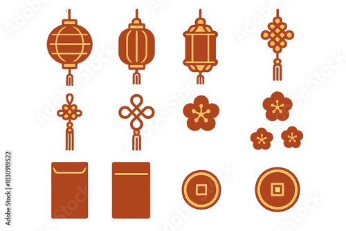 Traditional Chinese New Year celebration symbols including lanterns, lucky knots, plum blossoms, and red envelopes