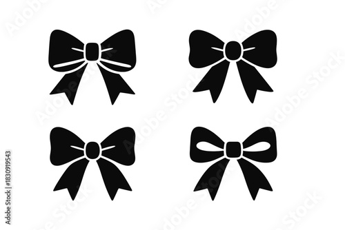 Set of four black bow silhouettes for gifts, celebration, holidays, and decorative elements