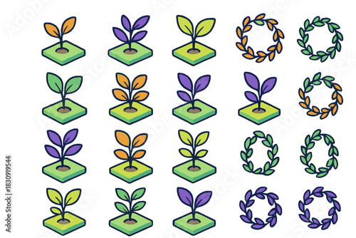 Colorful isometric plant sprout icons and decorative leaf wreaths for nature and ecology