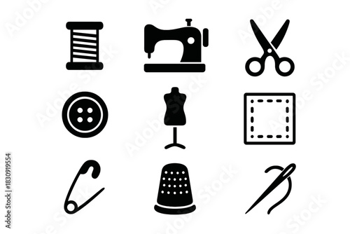 Black silhouette set of sewing tools and tailoring accessories