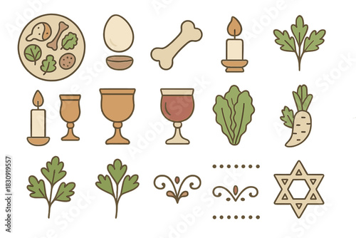 Minimalist icons of Passover Seder plate elements, wine cups, and religious symbols