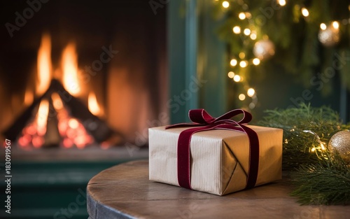 Cozy Fireplace Glow Reflected on gift box
