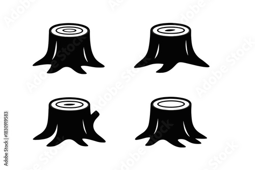 Stylized black tree stumps with cut wood texture and roots