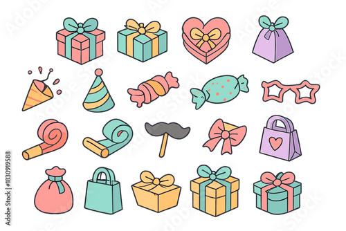Cute pastel set of birthday and holiday celebration elements including gifts and party favors