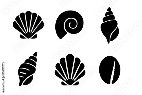 Black silhouette icons of seashells and marine mollusks on a white background