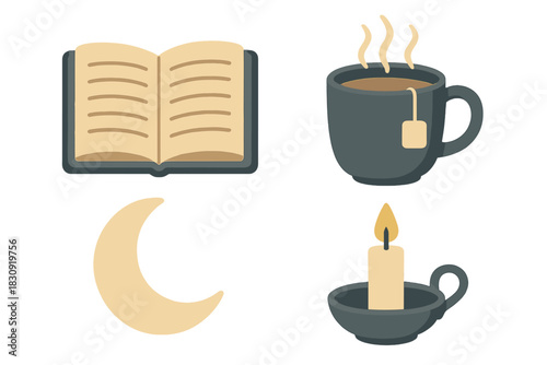 Cozy evening set with open book, hot tea mug, crescent moon, and burning candle