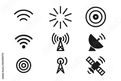 Wireless communication and signal symbols including Wi-Fi, antenna, satellite dish, and broadcast