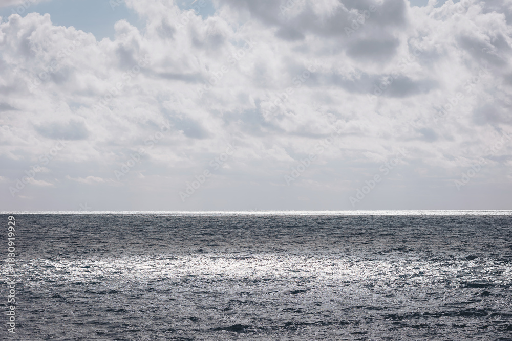 Fototapeta premium Calm ocean waves reflect sunlight under a cloudy sky on a peaceful day at the beach, creating a serene atmosphere and inviting relaxation