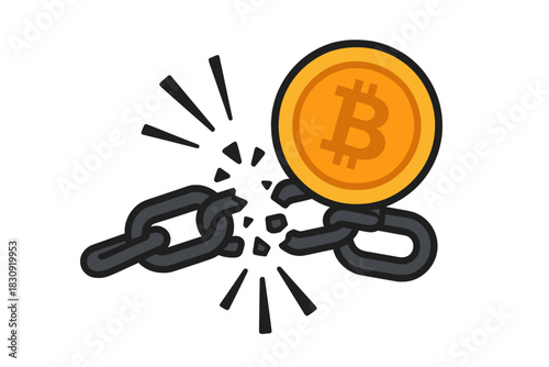 Cryptocurrency coin breaking a heavy chain symbolizing financial freedom and decentralization