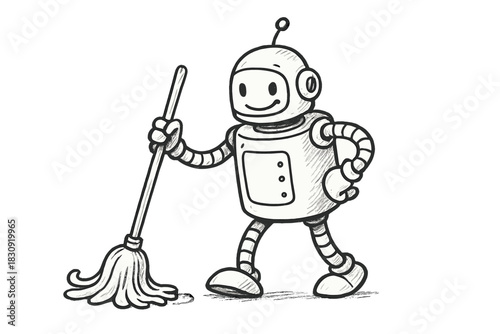 Friendly cartoon robot character holding a mop and walking while performing domestic chores
