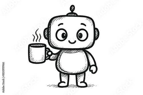 Cute cartoon robot character drinking hot coffee in a sketchy doodle style