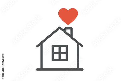 Small house with a red heart rising from the chimney representing love and home security